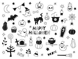 モノクロの手描き風のハロウィンのイラストのセット