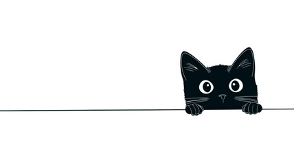A cute black cat peeking over the edge of a green surface with big, curious eyes.