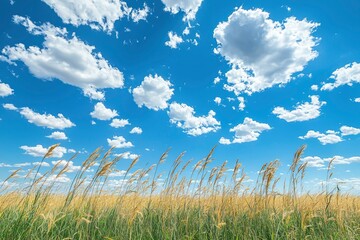 Tall Grass and Fluffy White Clouds Against a Blue Sky