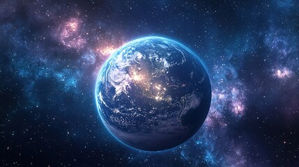 Earth glowing in space, with its ecosystems thriving, framed by distant galaxies