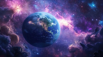 Earth glowing in space, with its ecosystems thriving, framed by distant galaxies