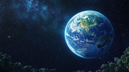 Earth glowing in space, with its ecosystems thriving, framed by distant galaxies