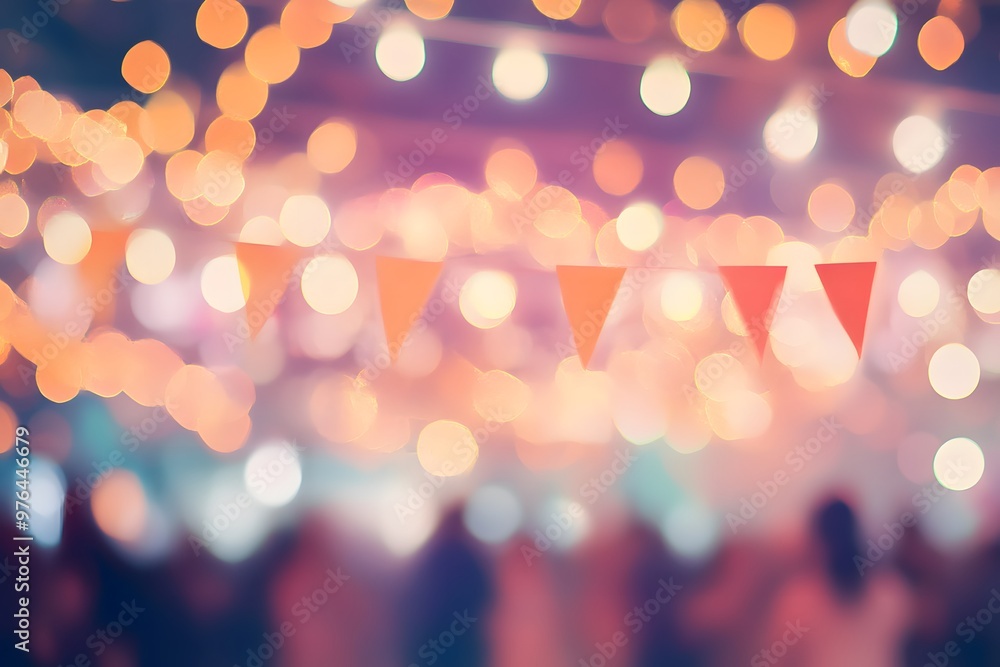 Poster festive bokeh background with party flags and blurred lights