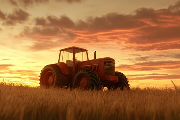 Fototapeta premium Red Tractor in Field at Sunset