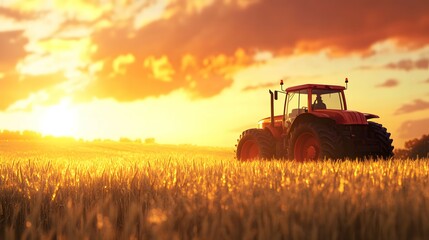 Fototapeta premium Red Tractor in Golden Wheat Field at Sunset