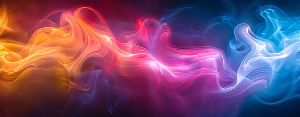 Fototapeta premium A glowing abstract background with swirling lines of light and vibrant waves of blue and purple, featuring dynamic energy and flowing smoke-like shapes against a dark backdrop