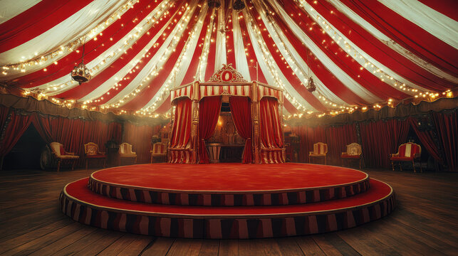 A vibrant circus stage with red and white stripes, adorned with lights, creates festive atmosphere. podium stands ready for performances, inviting excitement..
