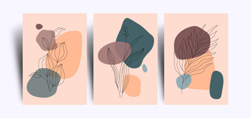 Set of three minimalist poster background with continuous line art floral, pastel colors and abstract shape element. Suitable for wall art, home decor, background, poster, cover and other template.