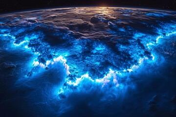 A Glowing Blue Aurora Borealis Displayed Over Earth's Horizon