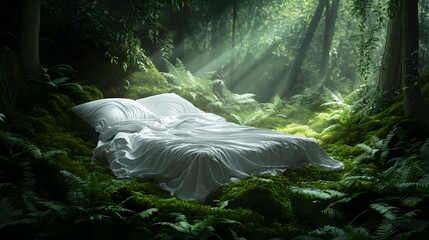 White Bed in Lush Forest with Sunbeams
