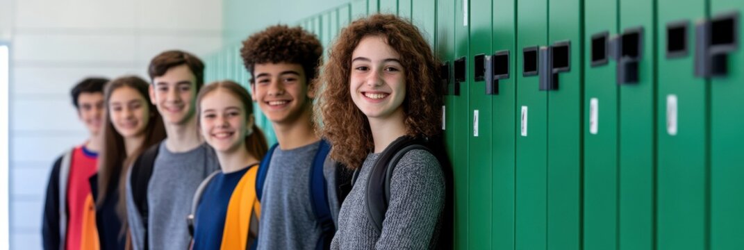 A group of diverse students stand by green lockers in a school hallway, smiling at the camera, capturing a sense of friendship and youthful energy.