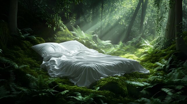 White Bed in Lush Forest with Sunbeams