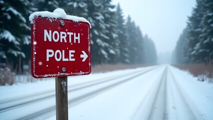 Snow-covered "North Pole" signs on snowy roads, with trees in the background