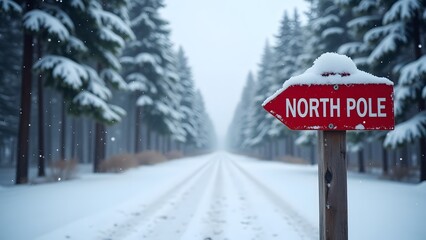 Snow-covered "North Pole" signs on snowy roads, with trees in the background