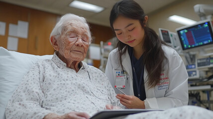 Obraz premium A photo of an elderly patient sleeping in a hospital bed, and a young nurse crouching at the foot of the bed and taking notes