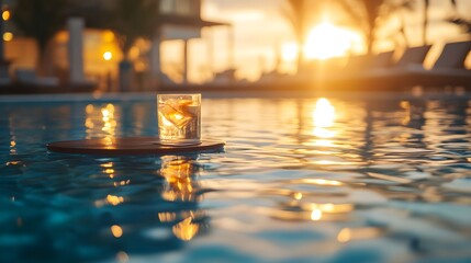 Glass of water on a wooden coaster in a pool at sunset