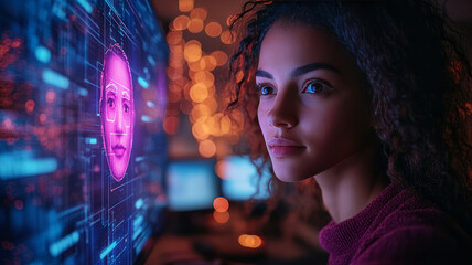 A person finalizes a secure transaction via facial recognition, surrounded by smart security.