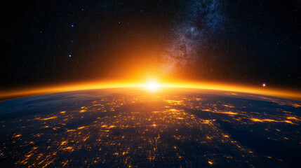 Obraz premium Stunning View of Earth from Space with Glowing Horizon, Sunrise over the Planet's Surface