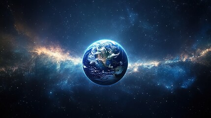 Naklejka premium Earth glowing in space, with its ecosystems thriving, framed by distant galaxies