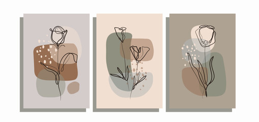 Minimalist Mid Century Wall Art Background With Continuous Line Leaves And pottery. Set for Wall Art Decoration, Brochure, Cover Design, Postcard and Others. Vector Illustration