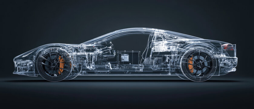 A car is shown in a futuristic style, with a metallic look and a sleek design. The car is shown in a black and white color scheme, with a focus on its mechanical parts and the way it is constructed