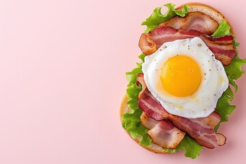  Open-faced sandwich with crispy bacon, sunny side-up fried egg, and fresh lettuce on pink background. Flat lay composition with copy space for recipe design, food advertising, and snack promotion