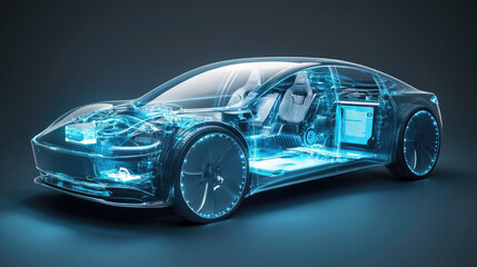 A futuristic car with a blue and silver exterior. The car is on display in a museum or a showroom