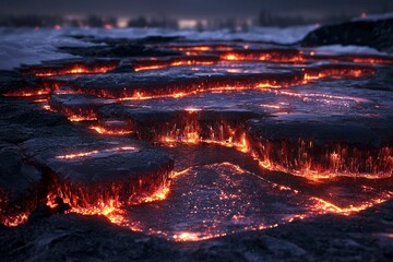 Molten Lava Flowing Through A Fractured Black Surface