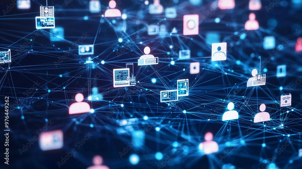 Fototapete connecting people on the internet, nodes transforming. social network connections. information techn