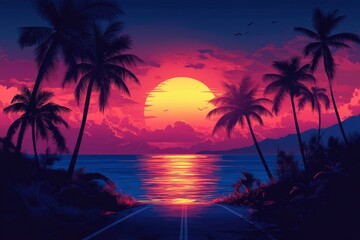 Palm Trees Silhouetted Against a Vibrant Sunset Over the Ocean