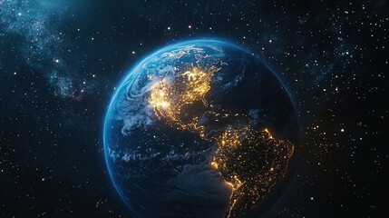 Obraz premium Earth floating in the blackness of space, with a full view of its atmosphere and surface