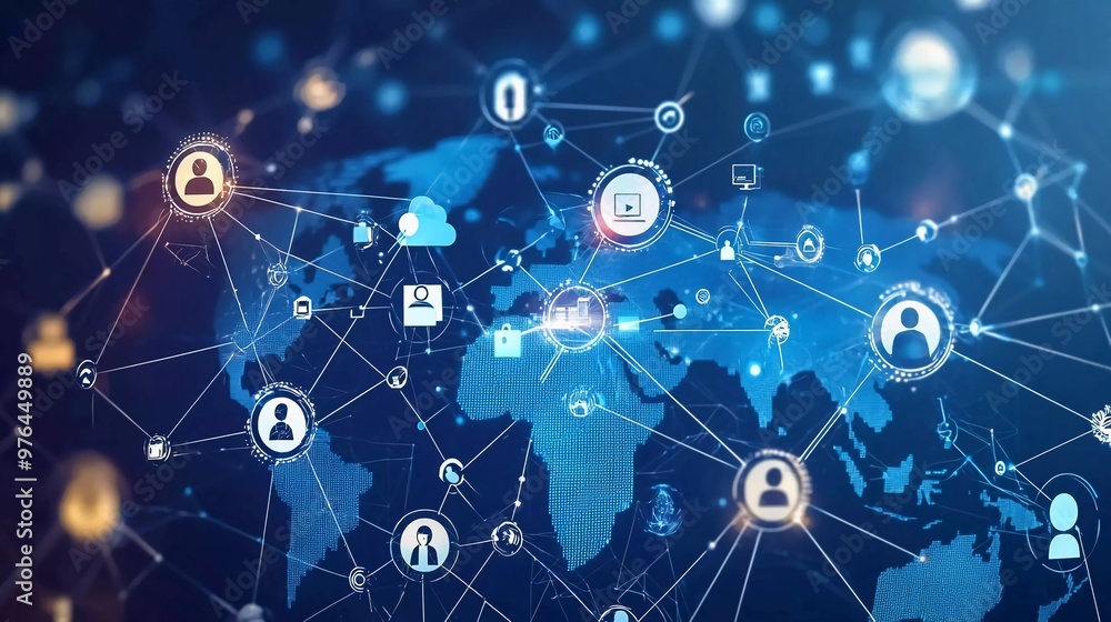 Fototapete connecting people on the internet, nodes transforming. social network connections. information techn