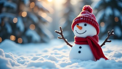 Obraz premium A smiling snowman with a red scarf and hat in a snowy landscape, with festive lights in the background
