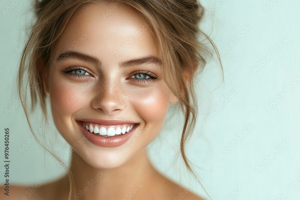 Wall mural close-up portrait of a woman with blonde hair and a bright smile