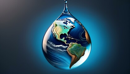 Realistic illustration of planet earth globe in water drop, copy space