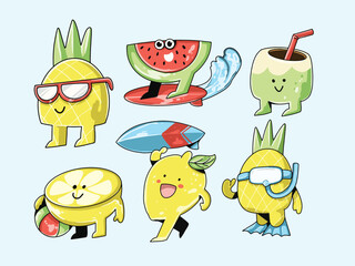 Hand Drawn Cute Summer Fruit Character Set