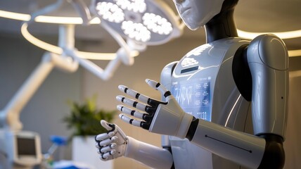 Naklejka premium Futuristic Silver Robot Showcasing Hands in Hospital Room with Medical Chart