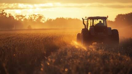 Naklejka premium A farmer driving a tractor through a field at sunrise, with crops in the background.