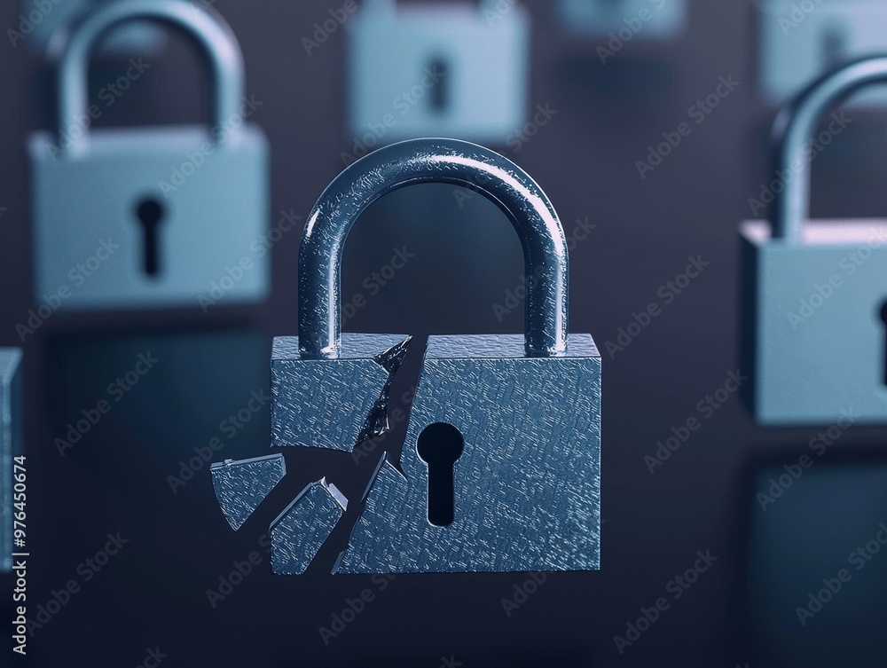 Poster a broken padlock surrounded by intact padlocks, symbolizing vulnerability and security breach.