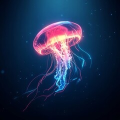A bioluminescent jellyfish glows with vibrant pink and blue hues against a dark blue background.