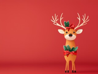Fototapeta premium A cheerful reindeer adorned with bows and holly, perfect for festive holiday decorations and seasonal imagery.