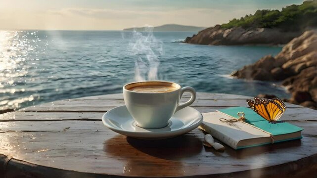 A cup of coffee on a wooden board with a view of the sea during the day. Seamless 4K looping timelapse video animation background
