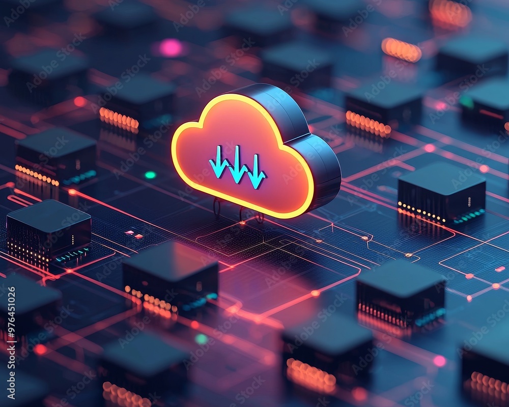 Poster a glowing cloud icon with download arrows sits atop a circuit board, representing data storage and t