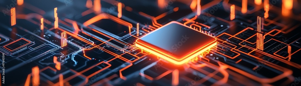 Poster a glowing computer chip on a circuit board.