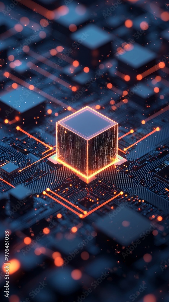 Poster a glowing cube sits on a circuit board, representing digital technology.