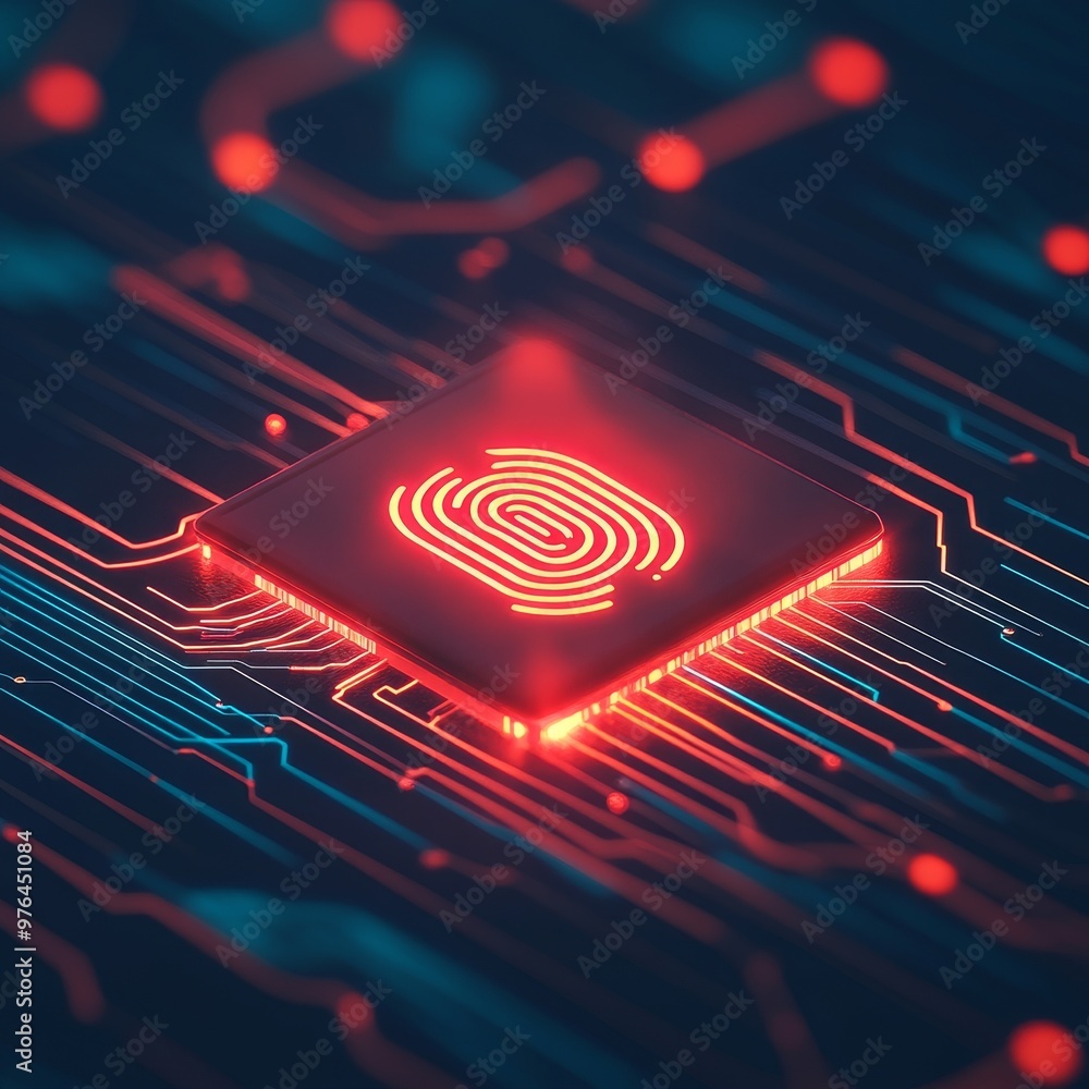 Poster a glowing fingerprint symbol on a circuit board, representing biometric security and technology.