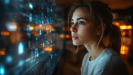 A homeowner processes payments via a smart home interface, surrounded by automation.