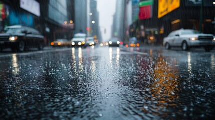 A rainy city street with traffic and blurred lights reflecting on the wet asphalt.