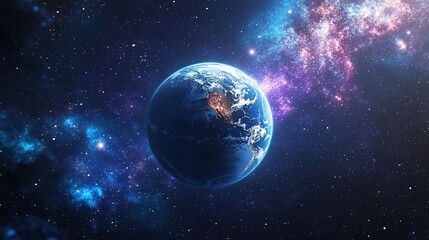 A space scene with Earth glowing among a sea of stars, floating in the universe