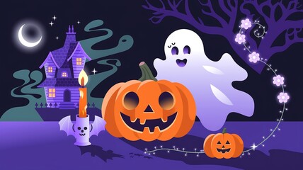 Spooky Halloween Scene with Purple Background, Pumpkin, Ghosts, and Crescent Moon